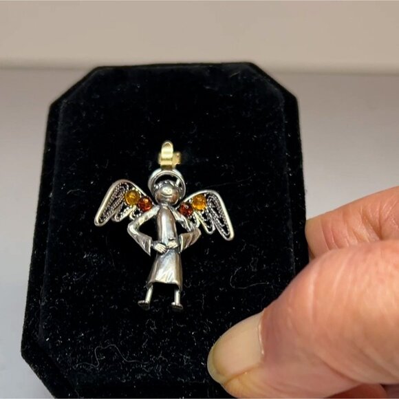 Sterling Silver Guardian Angel Pendant With Cognac Amber Detail Women's Jewelry - Picture 14 of 14